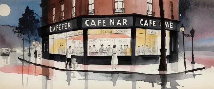 <lora:Aether_Watercolor_and_Ink_v1_SDXL_LoRA:1> a city corner café at night 50s watercolor and ink