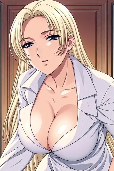 Simple White Background,
white shirt,
<lora:Riuru_Kaneshiro_NightShift2-KK77-V1:0.7>,cleavage, collarbone, earrings, jewelry,doctor,
 blonde hair ,blue eyes,Bangs,long hair,
<lora:Mariana_Luciano_NON_VIRGIN-KK77-V1:0.3>,<lora:more_details:0.1>,
1 girl, 20yo,Young female,Beautiful Finger,Beautiful long legs,Beautiful body,Beautiful Nose,Beautiful character design, perfect eyes, perfect face,expressive eyes,perfect balance,
looking at viewer,(Focus on her face),closed mouth, (innocent_big_eyes:1.0),Light_Smile,
official art,extremely detailed CG unity 8k wallpaper, perfect lighting,Colorful, Bright_Front_face_Lighting,shiny skin, 
(masterpiece:1.0),(best_quality:1.0), ultra high res,4K,ultra-detailed,
photography, 8K, HDR, highres, absurdres:1.2, Kodak portra 400, film grain, blurry background, bokeh:1.2, lens flare, (vibrant_color:1.2),professional photograph, 
(Beautiful,large_Breasts:1.4), (beautiful_face:1.5),(narrow_waist),