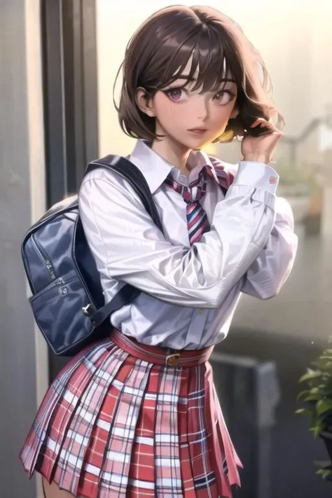 in the style of  <lora:StyleAM-06:1>, 1girl, skirt, solo, bag, necktie, brown hair, shirt, charm (object), white background, school uniform, plaid, plaid skirt, looking at viewer, white shirt, simple background, long sleeves, bag charm, collared shirt, short hair, school bag, vest, pink eyes, pleated skirt, keychain, parted lips, bangs, hand in own hair, cowboy shot, standing, lips, striped necktie, leaning forward