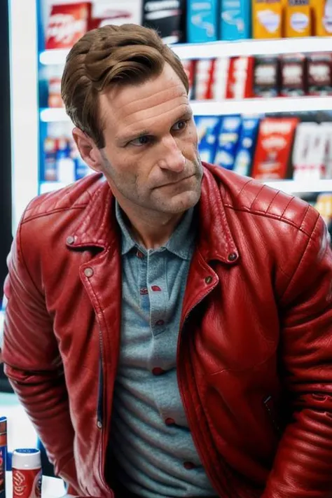 a handsome man in a red leather jacket, in a convenience store, ready for action, upper body, close up, (looking at camera), (candid, amateur), (raw, 8k, uhd, fujifilm xt3), <lora:aaronEckhart:1>