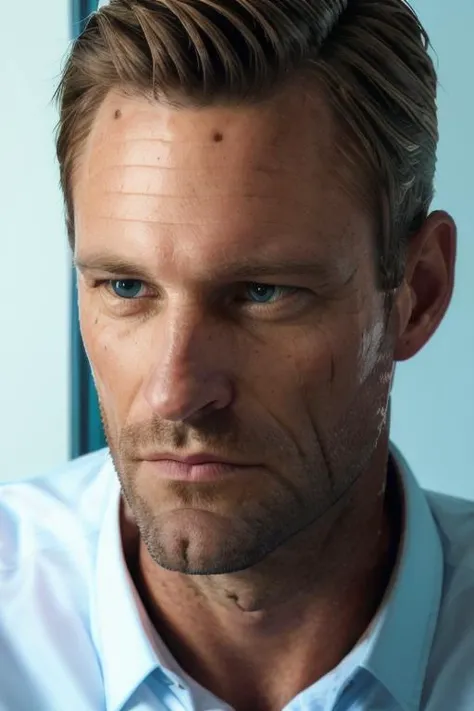 a handsome man in his office, white button up shirt, close up, headshot, (candid, amateur), (raw, 8k, uhd, fujifilm xt3), <lora:aaronEckhart:1>