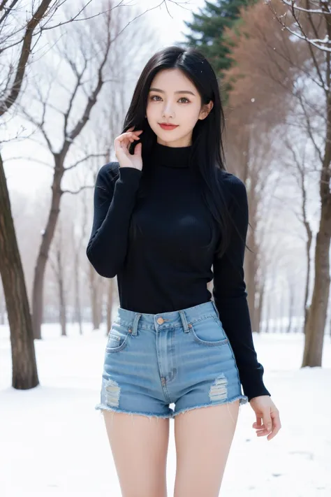 In the cold winter,a beautiful girl stands gracefully in a black sweater and denim shorts. She has black hair and vibrant purple eyes. Snowflakes fall gently on her hair and clothes as she stands elegantly in the snowy landscape. The background is adorned with red flowers,creating a striking contrast with the white snow. With her long legs and captivating curves,she adds a touch of beauty to the entire scene.,