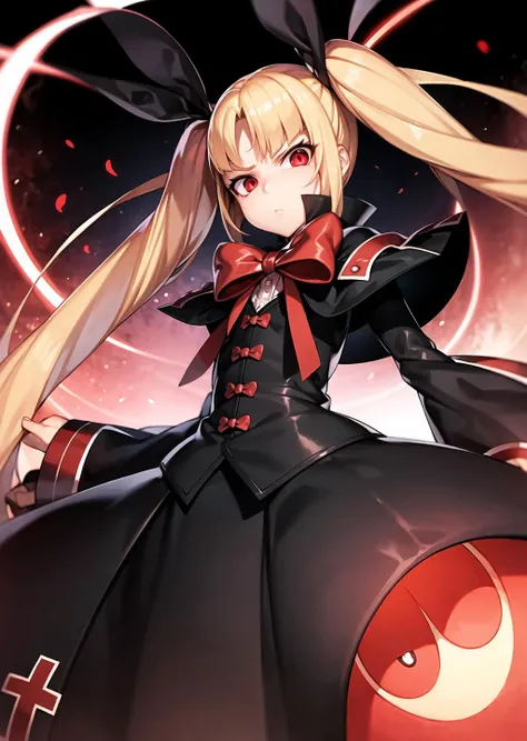 <lora:rachelAlucardBlazblue_v10:.8>,masterpiece, best quality, Rachel Alucard, twin tails, blond hair, red eyes, bow, ribbon, gothic , dress, frills, 

((From above)), Pov, looking at viewer,  (glowing eyes), angry, scowl, hands on hips