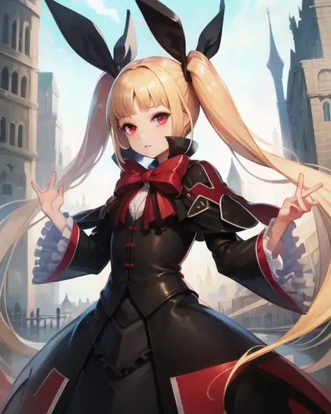 (masterpiece, best quality, high resolution),cowboy shot, 1girl, rachelms,red eyes, bow, ribbon, gothic , dress, frills, <lora:RachelMS:1>