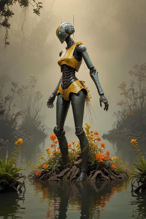 medieval art, mythpunk, ecosystem, transmittance, creation engine, eclectic, pastel drawing, collage art, silhouette animation, fuzzy background, 2k, unique, allusion,female b2 super battle droid, swindler,, vibroblade is riding on Wolf Eel and large coralorange upright cylindrical plant, warty texture geniculate culm, fibrous, diarylide yellow spike labiate flower, round, contractile root in a swamp, seafloor,undertow,oceanic rift,public art installation setting,tight-fitting silhouette with slit skirt (later qing dynasty),full body,<lora:OMG-Is-DucHaiten_v1.0:0.5>,<lora:PAseer-SDXL-AcceleratorLighting:1>,