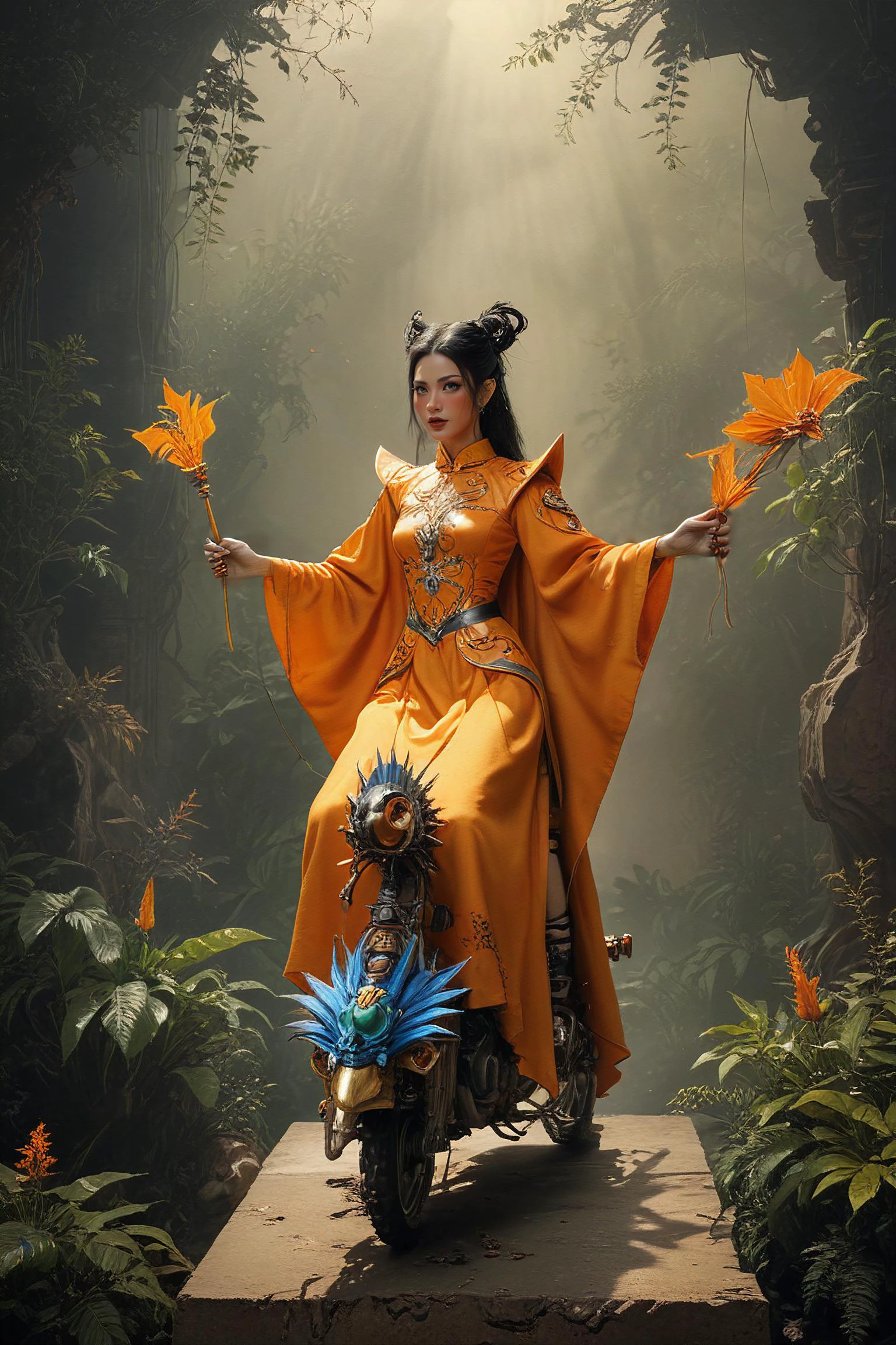 contemporary art, dieselpunk, traffic, god rays / crepuscular rays, re engine, constructivist, graffiti, comic book style, cg puppetry, fuzzy background, 32k, game-changing, satire,female dark elves sorceress, beastmaster, flamethrower is riding on Rooster and compact cadmium orange spreading columnar plant, elliptic-ovate filamentous leaf, dichotomous venation, whorled, spiny leaf margin, creeping root in a spaceport, skyscraper,hidden pools,cosmic mysteries,cliff setting,natural footwear (platform shoes) (later qing dynasty),full body,<lora:OMG-Is-DucHaiten_v1.0:0.5>,<lora:PAseer-SDXL-AcceleratorLighting:1>,