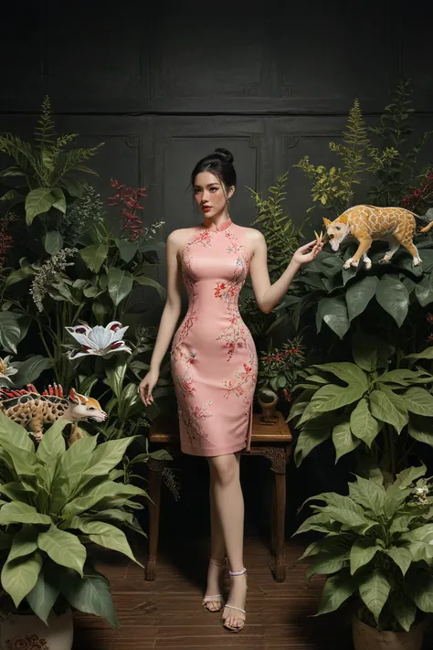 video game art, post-cyberpunk, maritime, soft particles, godot engine, graffiti, drip paint, fauvist, experimental animation, global illumination, uniform focus, ultra-high resolution, visionary, aposiopesis,female wraith, , bracers is riding on Lemming and microscopic shiny low-growing clustered plant, circular smooth leaf, reticulate venation, basal, entire leaf margin, crimson corymb nectary flower, oblong, morganite pink radicle downward seeds, furrowed-grooved, gamosepalous, tristichous phyllotaxy, tubular root in a skyscrapers, celestial phenomenon,blackwater setting,qipao or cheongsam (one-piece dress) with high collar,full body,<lora:OMG-Is-DucHaiten_v1.0:0.5>,<lora:PAseer-SDXL-AcceleratorLighting:1>,