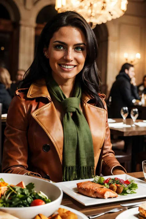piper, black hair, green eyes,red overcoat, green scarf, , looking at viewer, smiling, upper body shot, sitting, behind a table, inside a fancy restaurant, table full of food, salmon, vegetables, romantic ambiance, high quality, masterpiece, <lora:piper:.7>