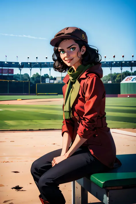 piper, hat, black hair, green eyes, red coat, green scarf, black pants, looking at viewer, serious, smiling, sitting, baseball field, seat, sunny, high quality, masterpiece, <lora:piper:.7>