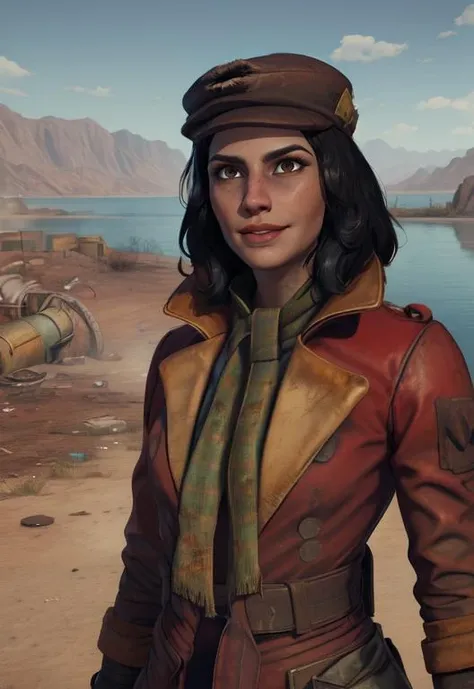 piper, black hair, brown eyes, 
standing,upper body, 
red overcoat, scarf, dirty clothes, small cap,  pants, 
light smile,  
wasteland,  fallout \(series\),   morning, lake, 
(insanely detailed, beautiful detailed face,beautiful detailed eyes, masterpiece, best quality),
 <lora:piper:0.8>