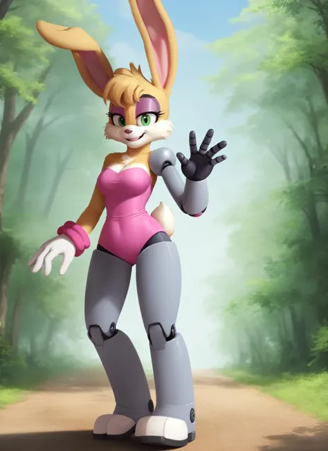 score_9, score_8_up, score_7_up, score_6_up, score_5_up, score_4_up, (Source furry), (rating safe),   bunnie rabbot, rabbit girl, ponytail, walking outside, green eyes, outside, trees, grass, najed, cowboy shot, breasts, looking at viewer, single mechanical arm, nipples, nsfw