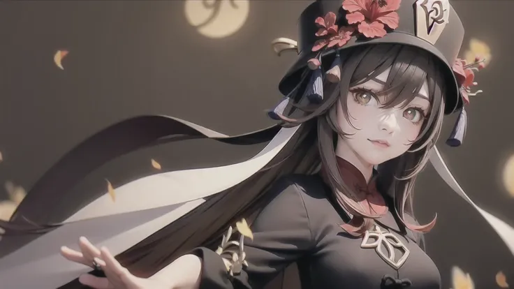 flower, red_flower, solo, hat, long_hair,hu hu tao \(genshin impact\),mature female, looking_at_viewer, upper_body, chinese_clothes, 1girl, hat_flower, brown_hair, closed_mouth, hibiscus, red_rose, spider_lily, bangs,kbxll