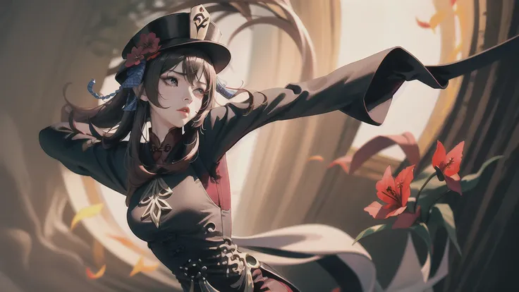 flower, red_flower, solo, hat, long_hair,hu hu tao \(genshin impact\),mature female, looking_at_viewer, upper_body, chinese_clothes, 1girl, hat_flower, brown_hair, closed_mouth, hibiscus, red_rose, spider_lily, bangs,kbxll