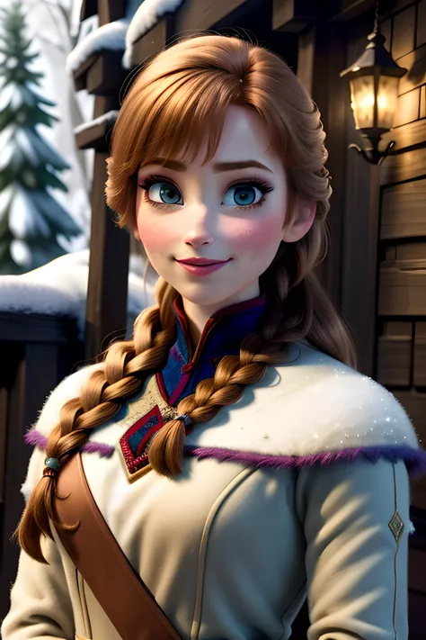 woman, ((Masterpiece, best quality)), detailed skin, highly detailed, cinematic lighting, ultra realistic, blush, looking at viewer,  anna, anna from frozen, princess, disney, brown hair, long hair, portrait, outdoor, snow, 
<lora:Anna Frozen:0.6>