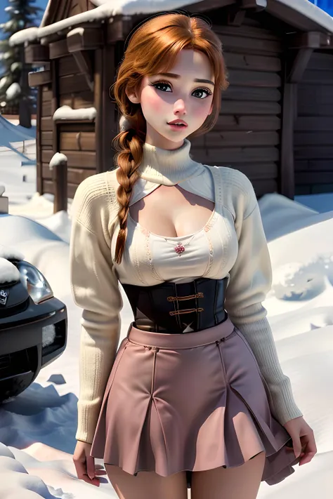 woman, ((​masterpiece, best quality)), detailed skin, muito detalhado, cinematic lighting, ultra realist, Blush, Viewers look at,  Anna, Anna from Frozen, princess, Disney-Film, Brown hair, Long hair, portrait, outside, snow,  Decollete,  largee Brüste,  wide hips, Full body view, large, 
Rock, mini skirt, microRock, pleated Rock, Shanks,
