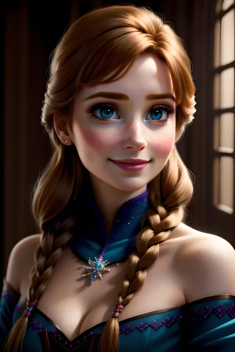woman, ((Masterpiece, best quality)), detailed skin, highly detailed, cinematic lighting, ultra realistic, blush, looking at viewer, anna, anna from frozen, princess, disney, brown hair, long hair, portrait,
<lora:Anna Frozen:0.6>