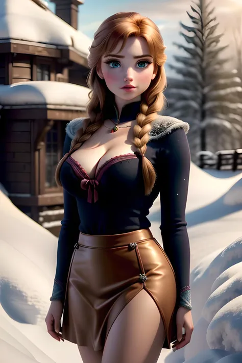 woman, ((Masterpiece, best quality)), detailed skin, highly detailed, cinematic lighting, ultra realistic, blush, looking at viewer, anna, anna from frozen, princess, disney, brown hair, long hair, portrait, outdoor, snow, cleavage, large breasts, wide hips,
skirt, miniskirt, microskirt, pleated skirt, thighs,
<lora:Anna Frozen:0.6>