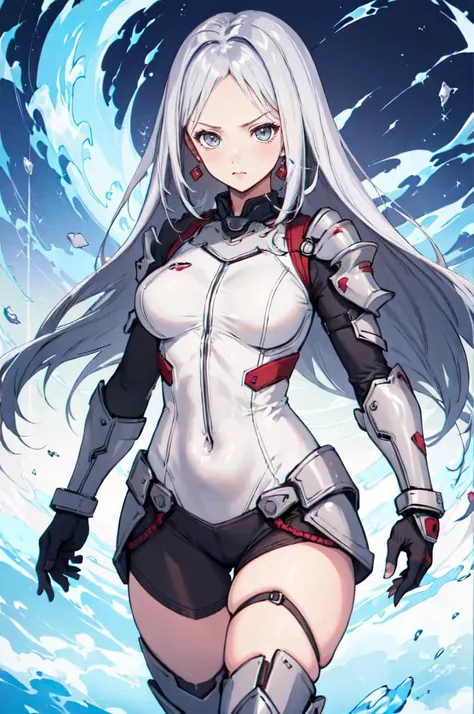 <lora:Haoni:1>, absurdres, ultra detailed, masterpiece, best quality, aesthetic, detailed,, serious, 1girl, (white eyes:1.1), (grey eyes:1.3), white hair, very long hair, parted hair, parted bangs, <lora:parted_hair_v1.3:1.3>, medium breasts,, valkyrie, (bodysuit:1.1), pink wing hair ornament, grey armored skirt, black bodysuit, armor, gauntlets, pink breastplate, greaves, armored dress, pink hues,