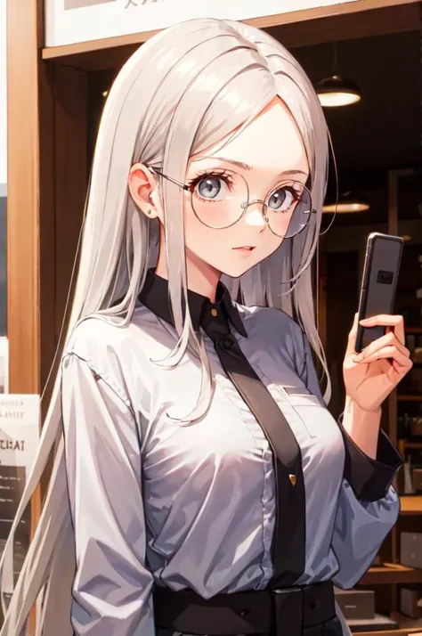 <lora:round_glasses-v17:1> round_eyewear, upper body, straight-on, office lady,, absurdres, ultra detailed, masterpiece, best quality, aesthetic, detailed,, serious, 1girl, (white eyes:1.1), (grey eyes:1.3), white hair, very long hair, parted hair, parted bangs, <lora:parted_hair_v1.3:1.3>, medium breasts,