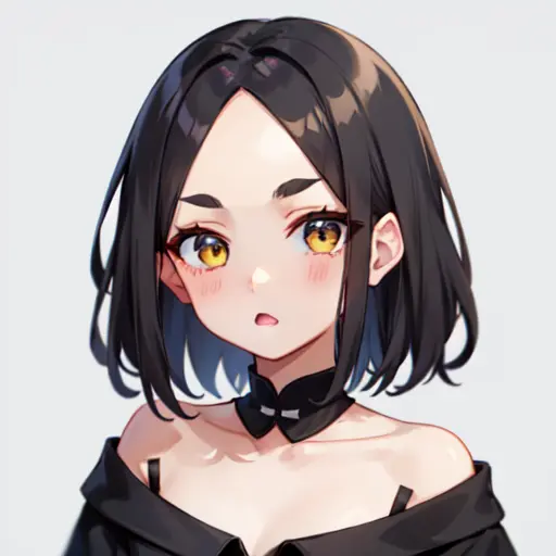masterpiece, best quality,
short hair, young girl, (((round_eyebrows))), tsurime, yellow eyes, black hair, <lora:middlePartedHair_v13:1>,parted bangs, middle_parted hair,