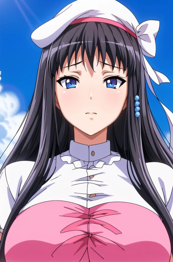 (day),White Background,blue sky,
pink and white dress, short sleeves,thighhighs,white hat,
<lora:Kisara_Himeno_Eroge-KK77-V1:0.7>,
bangs, black hair, blue eyes,long hair,hair ornament, hairclip,
<lora:Mariana_Luciano_NON_VIRGIN-KK77-V1:0.3>,<lora:more_details:0.1>,
1 girl, 20yo,Young female,Beautiful Finger,Beautiful long legs,Beautiful body,Beautiful Nose,Beautiful character design, perfect eyes, perfect face,expressive eyes,perfect balance,
looking at viewer,(Focus on her face),closed mouth,
official art,extremely detailed CG unity 8k wallpaper, perfect lighting,Colorful, Bright_Front_face_Lighting,shiny skin,
(masterpiece:1.0),(best_quality:1.0), ultra high res,4K,ultra-detailed,
photography, 8K, HDR, highres, absurdres:1.2, Kodak portra 400, film grain, blurry background, bokeh:1.2, lens flare, (vibrant_color:1.2),professional photograph,
(Beautiful,large_Breasts:1.4), (beautiful_face:1.5),(narrow_waist),
