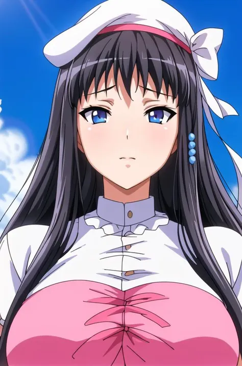 (day),White Background,blue sky,
pink and white dress, short sleeves,thighhighs,white hat,
<lora:Kisara_Himeno_Eroge-KK77-V1:0.7>,
bangs, black hair, blue eyes,long hair,hair ornament, hairclip,
<lora:Mariana_Luciano_NON_VIRGIN-KK77-V1:0.3>,<lora:more_details:0.1>,
1 girl, 20yo,Young female,Beautiful Finger,Beautiful long legs,Beautiful body,Beautiful Nose,Beautiful character design, perfect eyes, perfect face,expressive eyes,perfect balance,
looking at viewer,(Focus on her face),closed mouth, 
official art,extremely detailed CG unity 8k wallpaper, perfect lighting,Colorful, Bright_Front_face_Lighting,shiny skin, 
(masterpiece:1.0),(best_quality:1.0), ultra high res,4K,ultra-detailed,
photography, 8K, HDR, highres, absurdres:1.2, Kodak portra 400, film grain, blurry background, bokeh:1.2, lens flare, (vibrant_color:1.2),professional photograph, 
(Beautiful,large_Breasts:1.4), (beautiful_face:1.5),(narrow_waist),