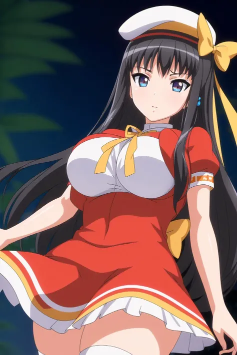 (Night:1.7),in front of a store,
Standing at attention,
red jacket , a red and white shirt,red skirt, short sleeves,thighhighs,white hat,puffy short sleeves, puffy sleeves,
<lora:Kisara_Himeno_Eroge-KK77-V1:0.7>,<lora:more_details:0.1>,yellow bow, yellow neckwear, yellow ribbon,
bangs, black hair, blue eyes,long hair,hair ornament, hairclip,
1 girl, 20yo,Young female,Beautiful Finger,Beautiful long legs,Beautiful body,Beautiful Nose,Beautiful character design, perfect eyes, perfect face,expressive eyes,
looking at viewer, in the center of the image,(Upper_body),(Focus on her face),
official art,extremely detailed CG unity 8k wallpaper, perfect lighting,Colorful, Bright_Front_face_Lighting,shiny skin,
(masterpiece:1.0),(best_quality:1.0), ultra high res,4K,ultra-detailed,
photography, 8K, HDR, highres, absurdres:1.2, Kodak portra 400, film grain, blurry background, bokeh:1.2, lens flare, (vibrant_color:1.2)
(Beautiful,large_Breasts:1.4), (beautiful_face:1.5),(narrow_waist),