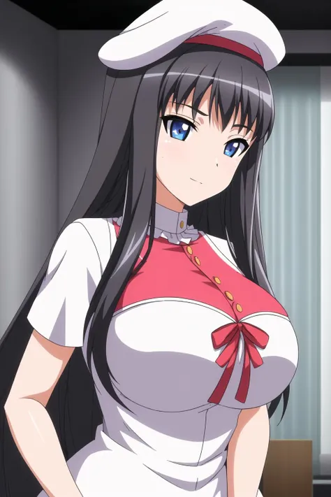 (Night:1.7), a room with a desk, chair, and a window with a view of the woods outside of it,indoors,
Standing at attention,
pink and white dress, short sleeves,thighhighs,white hat,
<lora:Kisara_Himeno_Eroge-KK77-V1:0.7>,<lora:more_details:0.1>,
bangs, black hair, blue eyes,long hair,hair ornament, hairclip,
1 girl, 20yo,Young female,Beautiful Finger,Beautiful long legs,Beautiful body,Beautiful Nose,Beautiful character design, perfect eyes, perfect face,expressive eyes,
looking at viewer, in the center of the image,(Upper_body),(close-Up),(Focus on her face),
official art,extremely detailed CG unity 8k wallpaper, perfect lighting,Colorful, Bright_Front_face_Lighting,shiny skin, 
(masterpiece:1.0),(best_quality:1.0), ultra high res,4K,ultra-detailed,
photography, 8K, HDR, highres, absurdres:1.2, Kodak portra 400, film grain, blurry background, bokeh:1.2, lens flare, (vibrant_color:1.2)
(Beautiful,large_Breasts:1.4), (beautiful_face:1.5),(narrow_waist),