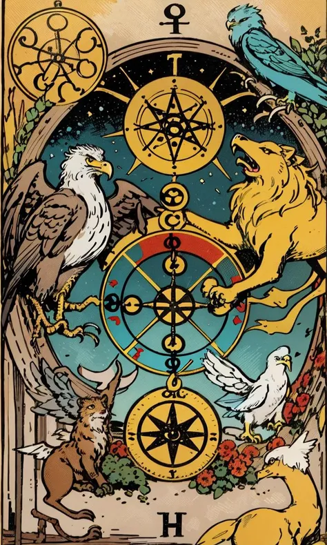 <lora:Tarotv0.2:0.9>, tarot card, wheel of fortune, spoked wheel ,symbols ,winged animals ,lion ,ox, eagle ,angels