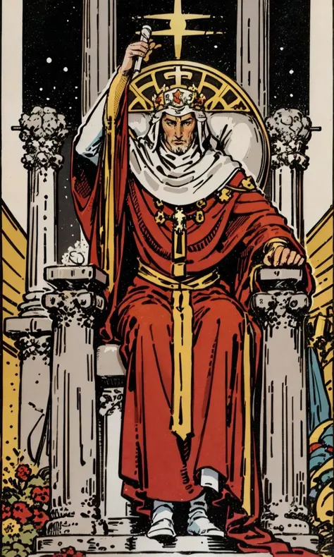 <lora:Tarotv0.2:0.9>, tarot card,the hierophant ,man, religious robes, triple crown, scepter, throne,columns