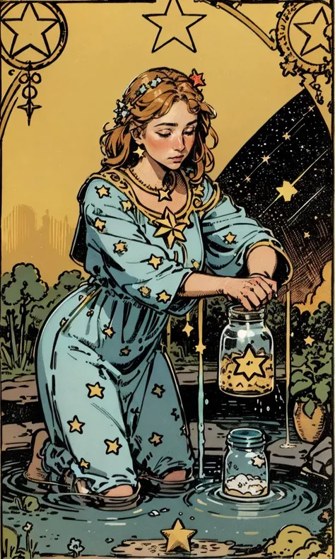 realistic, photo,<lora:Tarotv0.2:0.9>, tarot card,the star, (stars / many stars / big star) ,1woman, holding jars, kneeling, water