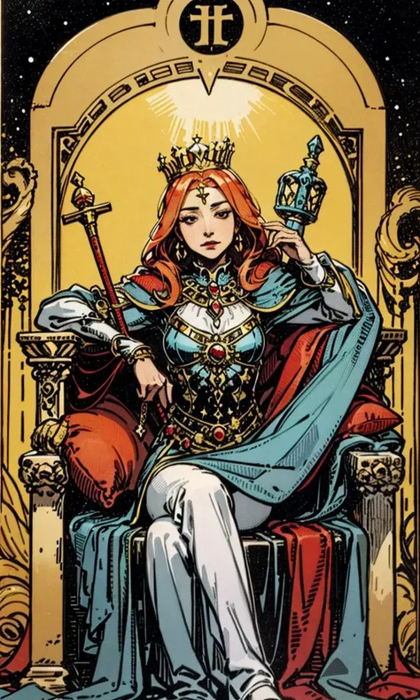 <lora:Tarotv0.2:0.9>, tarot card, the empress ,woman, pillow ,throne, crown ,scepter