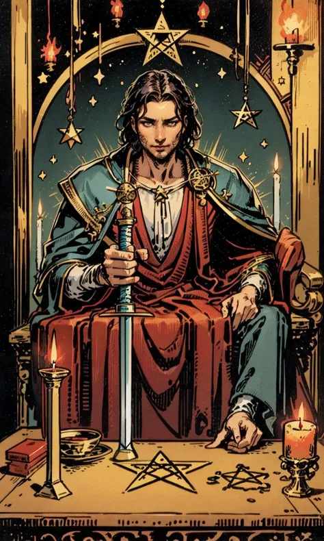 <lora:Tarotv0.2:0.9>, tarot card,the magician ,man ,robes ,candle / holding candle ,table with items, star ,pentacle, cup ,sword, wand