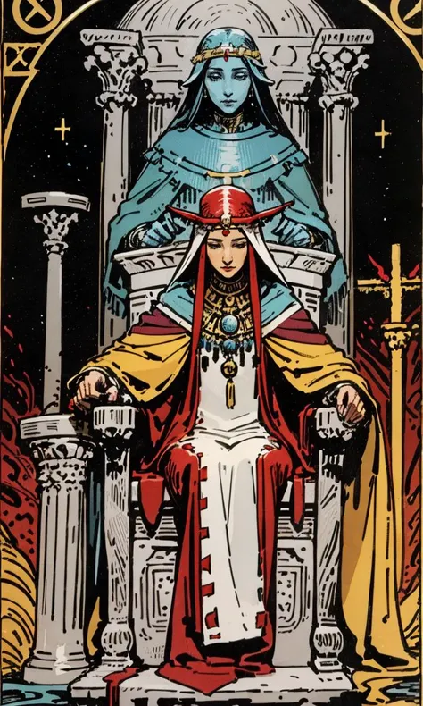 <lora:Tarotv0.2:0.9>, tarot card,the high priestess, woman, robes ,headpiece ,throne, columns