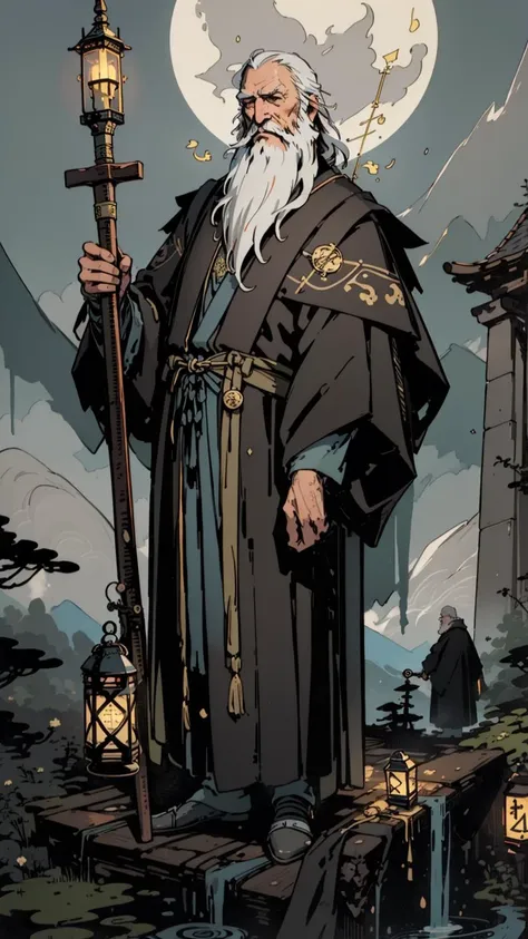 (masterpiece, best quality;1.3),(tarot card:1.2), 1man, male_focus, the hermit, old man, beard, grey robes, staff , lantern, outdoors, <lora:Tarotv0.2:0.9>,looking at viewer, calligraphy characters, long shadow, cloody moon,symmetrical composition, ultra detailed