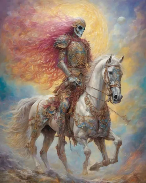 style of Victoriana Luminosa, style of Luis Royo, Tarot, tarot card,XIII â Death The Skeleton Knight: The Skeleton Knight is an extravagant and flamboyant figure. His skeletal face is adorned with a masquerade mask, ornately decorated with shimmering, iridescent feathers and gems, creating a sense of grandeur and enigma. His armor is an ever-shifting, prismatic mosaic of colors and patterns, evoking the idea that death is a celebration of life's rich tapestry. The White Horse: The white horse is a creature of pure opulence. Its body shimmers with a dazzling array of colors, and its mane is like a cascade of gem-encrusted waterfall. Its hooves are adorned with intricate, golden filigree, symbolizing the majestic and regal nature of the transition to the afterlife. Flag of War: Behind the Skeleton Knight, a flag dances in a whirlwind of mesmerizing colors and patterns. It appears to be woven from threads of dreams, suggesting that life's battles are not always what they seem. Each swirl of color represents a different facet of the human experience, celebrating the diversity of existence. Background: The background is a fantastical dreamscape, filled with a surreal menagerie of creatures and objects that defy the laws of physics. Vivid, neon hues blend into each other, creating an otherworldly aura. The sky is a luminous gradient that shifts from deep purples to radiant pinks, signifying the transition from one realm to another. <lora:Tarotv0.2:0.6>, <lora:add_detail:0.7>, <lora:more_details:0.8>,outline für character, <lora:thickline_fp16:0.8