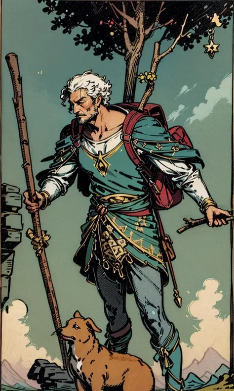 <lora:Tarotv0.2:0.9>, tarot card, the fool, man ,bindle ,stick and bag ,cliff dog