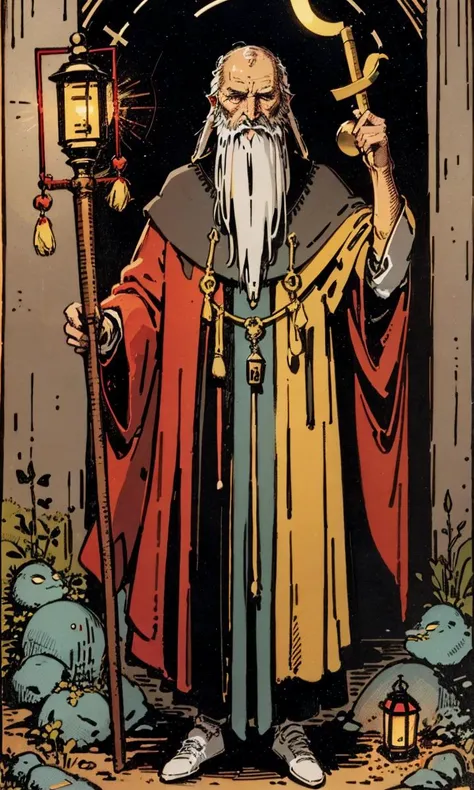 <lora:Tarotv0.2:0.9>, tarot card, the hermit, old man ,beard ,grey robes ,staff, lantern