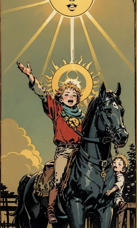 realistic, photo,<lora:Tarotv0.2:0.9>, tarot card,the sun, large sun with face, child ,riding horse ,