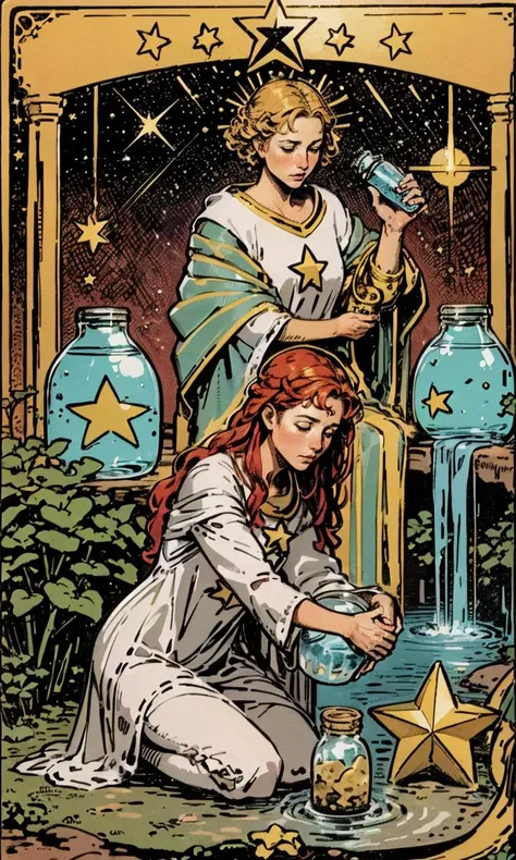 realistic, photo,<lora:Tarotv0.2:0.9>, tarot card,the star, (stars / many stars / big star) ,1woman, holding jars, kneeling, water