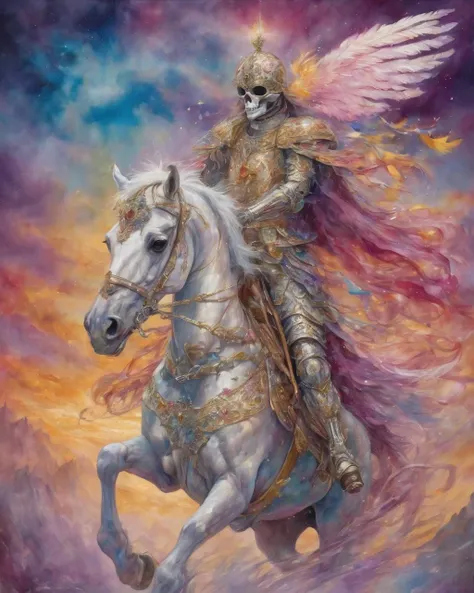 style of Victoriana Luminosa, style of Luis Royo, Tarot, tarot card,XIII â Death The Skeleton Knight: The Skeleton Knight is an extravagant and flamboyant figure. His skeletal face is adorned with a masquerade mask, ornately decorated with shimmering, iridescent feathers and gems, creating a sense of grandeur and enigma. His armor is an ever-shifting, prismatic mosaic of colors and patterns, evoking the idea that death is a celebration of life's rich tapestry. The White Horse: The white horse is a creature of pure opulence. Its body shimmers with a dazzling array of colors, and its mane is like a cascade of gem-encrusted waterfall. Its hooves are adorned with intricate, golden filigree, symbolizing the majestic and regal nature of the transition to the afterlife. Flag of War: Behind the Skeleton Knight, a flag dances in a whirlwind of mesmerizing colors and patterns. It appears to be woven from threads of dreams, suggesting that life's battles are not always what they seem. Each swirl of color represents a different facet of the human experience, celebrating the diversity of existence. Background: The background is a fantastical dreamscape, filled with a surreal menagerie of creatures and objects that defy the laws of physics. Vivid, neon hues blend into each other, creating an otherworldly aura. The sky is a luminous gradient that shifts from deep purples to radiant pinks, signifying the transition from one realm to another. <lora:Tarotv0.2:0.6>, <lora:add_detail:0.7>, <lora:more_details:0.8>,outline für character, <lora:thickline_fp16:0.8