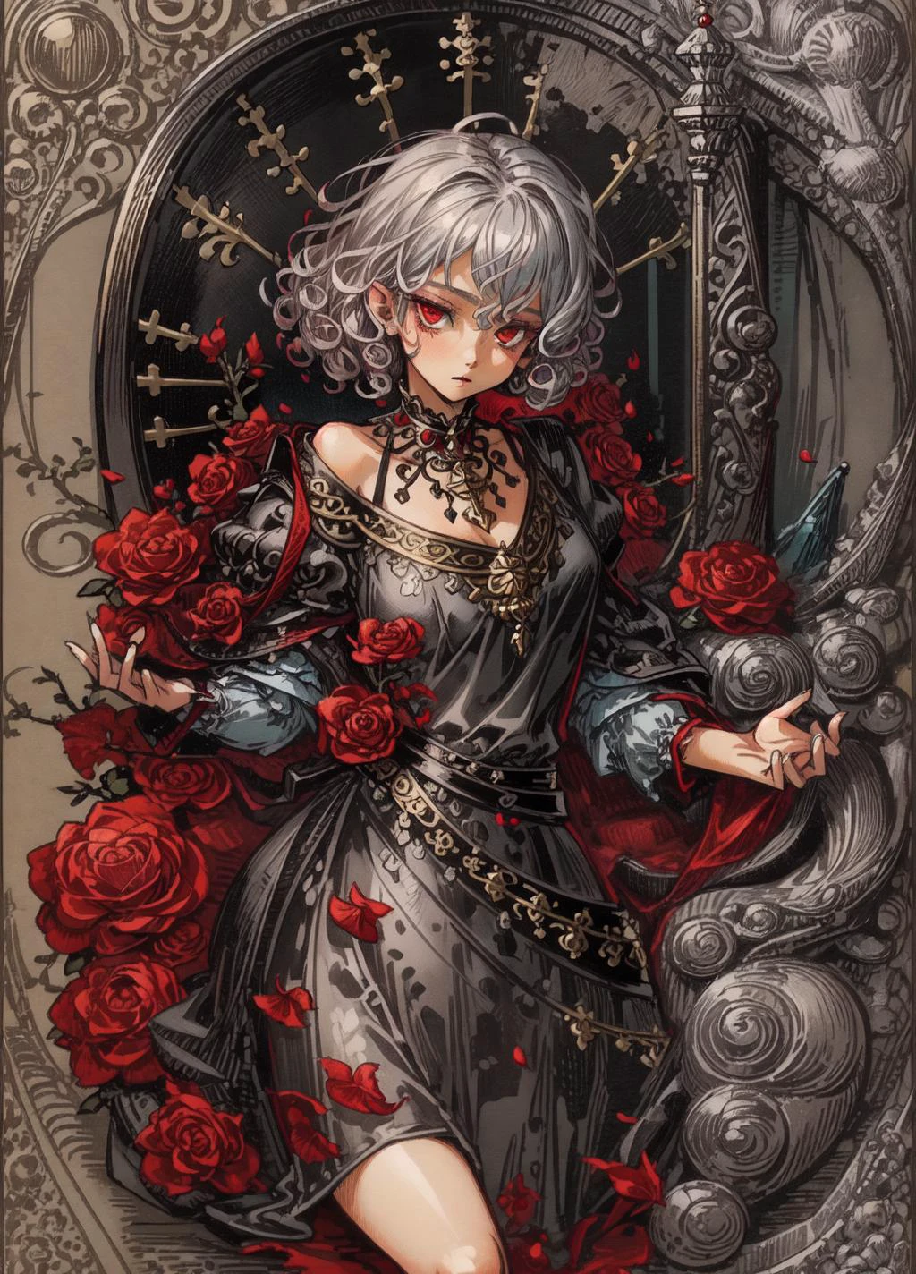 (masterpiece, top quality, best quality), Ñute, 1girl ,,fantasy town , gray hair, red eyes, short hair, fantasy, aristocratic,curly hair,decollete, <lora:Tarotv0.2:1> the, with, tarot, card, caption <lora:add_detail:1>