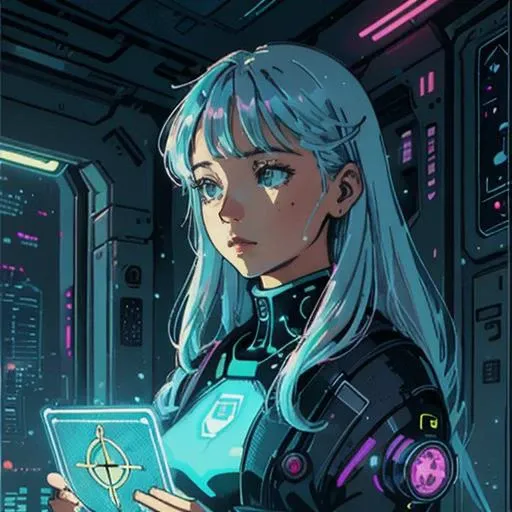 illustration, cartoon, soothing tones, calm colors, <lora:Tarotv0.2:0.8>,(tarot card:1.2),portrait,(woman:1.1),hologram,,sci-fi,cyberpunk street,glowing hologram,