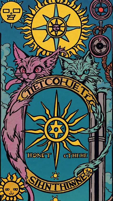 (tarot card:1.2) <lora:Tarotv0.1:0.9> lofi (the perfect SUN:1.2) cat a massive bridge over the ocean scientist lightning shiny Hunter green rust bokeh mist fog epic analog synth arcanepunk album cover, synthwave, kawaii, cute