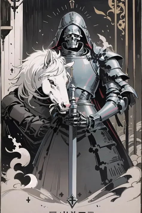 <lora:Tarotv0.2:0.9>, tarot card, death, skeleton knight, black armor, white horse, flag, war