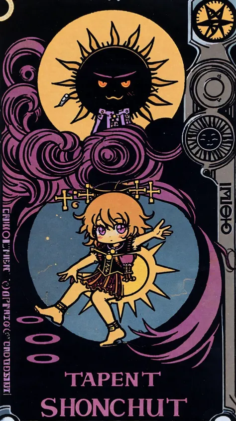 (tarot card:1.2) <lora:Tarotv0.1:0.9> lofi (the perfect SUN:1.2) chibi a person playing the piano fbi agent witch shiny Cinereous rust bokeh mist fog epic analog synth weirdpunk album cover, synthwave, kawaii, cute