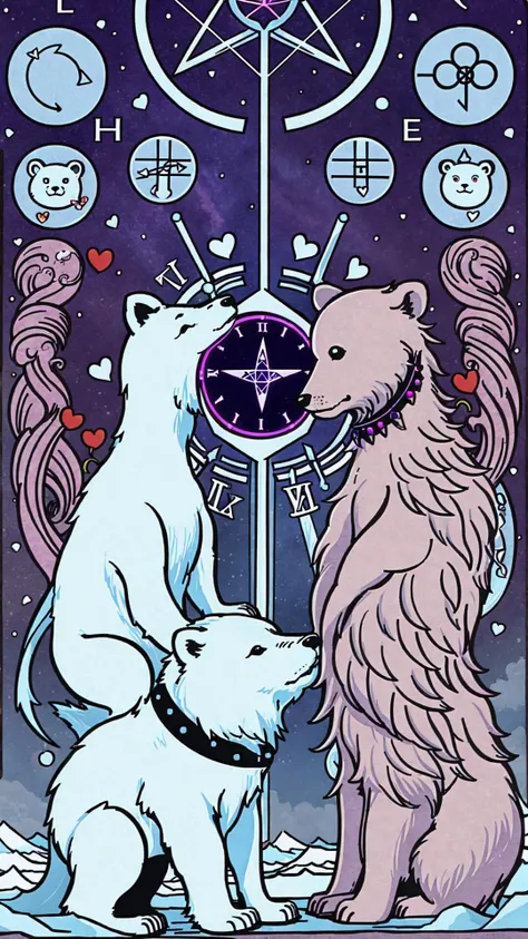 (tarot card:1.2) <lora:Tarotv0.1:0.9> lofi (the perfect love:1.2) scientist a polar bear playing in the snow cyborg skeleton shiny Violet-red (PerBang) rust bokeh mist fog epic analog synth clockpunk album cover, synthwave, kawaii, cute