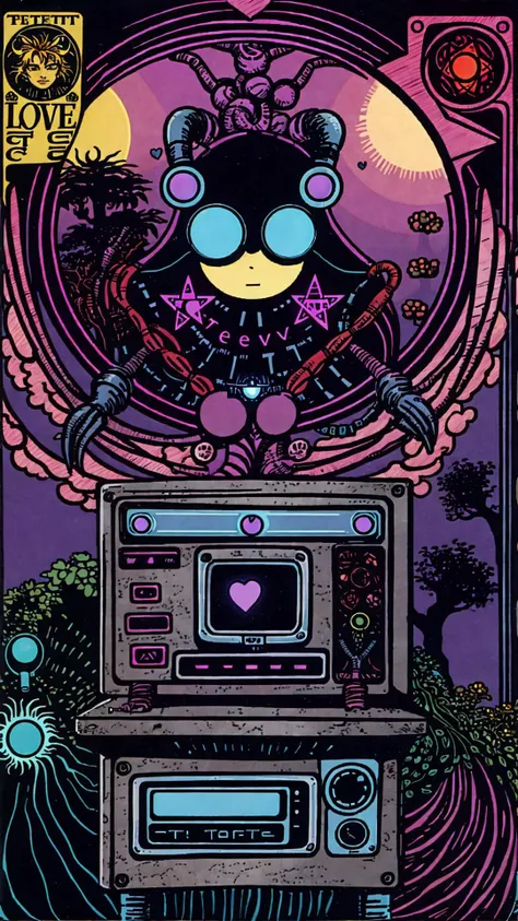 (tarot card:1.2) <lora:Tarotv0.1:0.9> lofi (the perfect love:1.2) cyborg a computer mouse in the shape of a tarantula (flat color:0.6) chibi girl witch shiny Cedar Chest rust bokeh mist fog epic analog synth ecopunk album cover, synthwave, kawaii, cute
