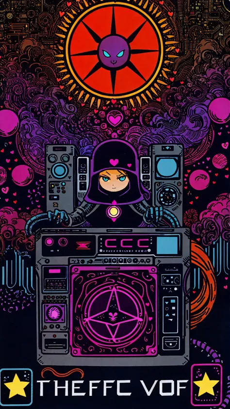 tarot card <lora:Tarotv0.1:0.9> lofi (the perfect love:1.2) cyborg a computer mouse in the shape of a tarantula (flat color:0.6) chibi girl witch shiny Cedar Chest rust bokeh mist fog epic analog synth ecopunk album cover, synthwave, kawaii, cute