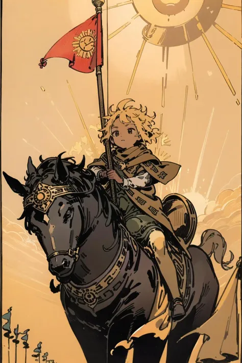 <lora:Tarotv0.2:1>, tarot card, the sun, large sun with face, child, riding horse, flag
